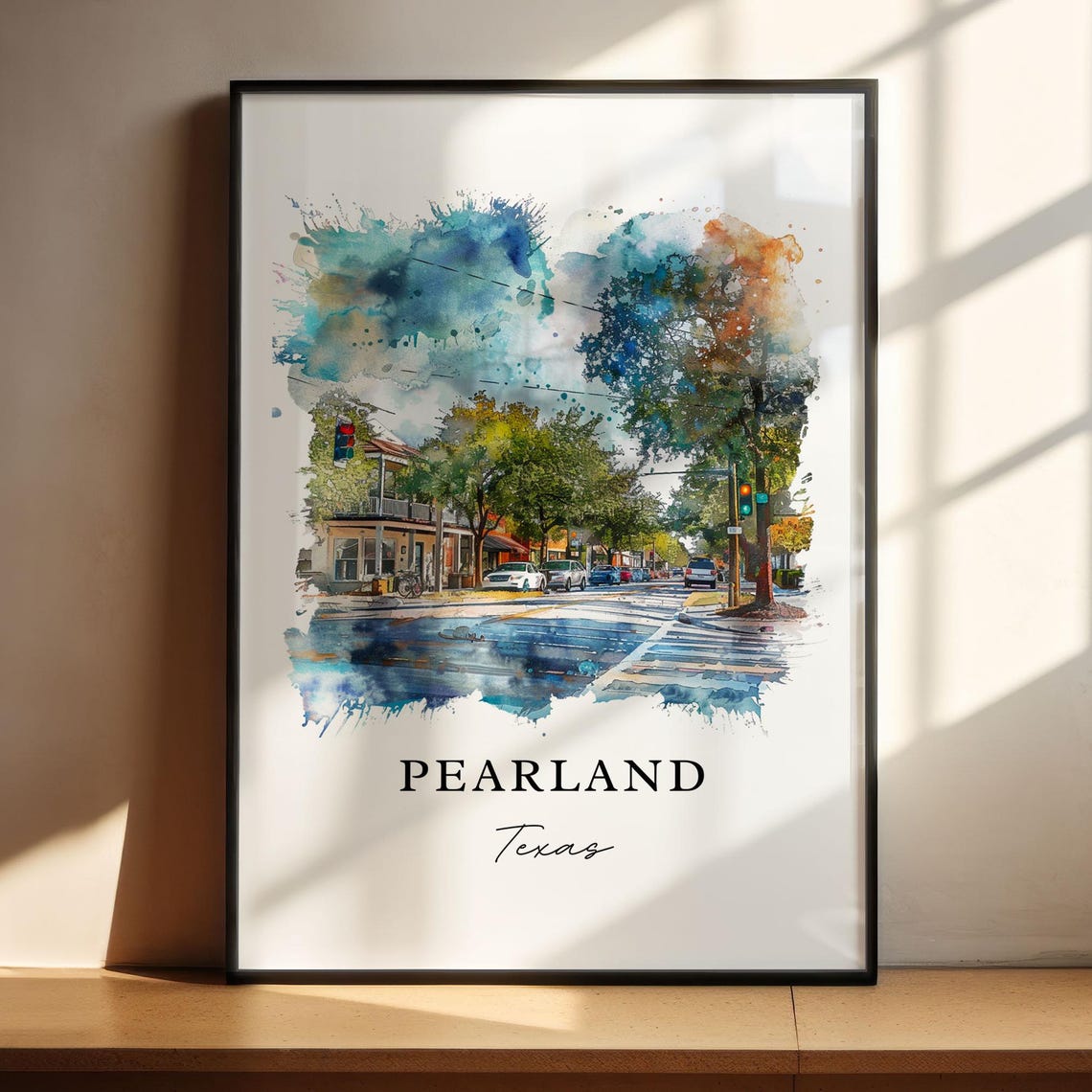 Pearland Texas Watercolor Street Scene Shops Traffic Light Poster - Image 4