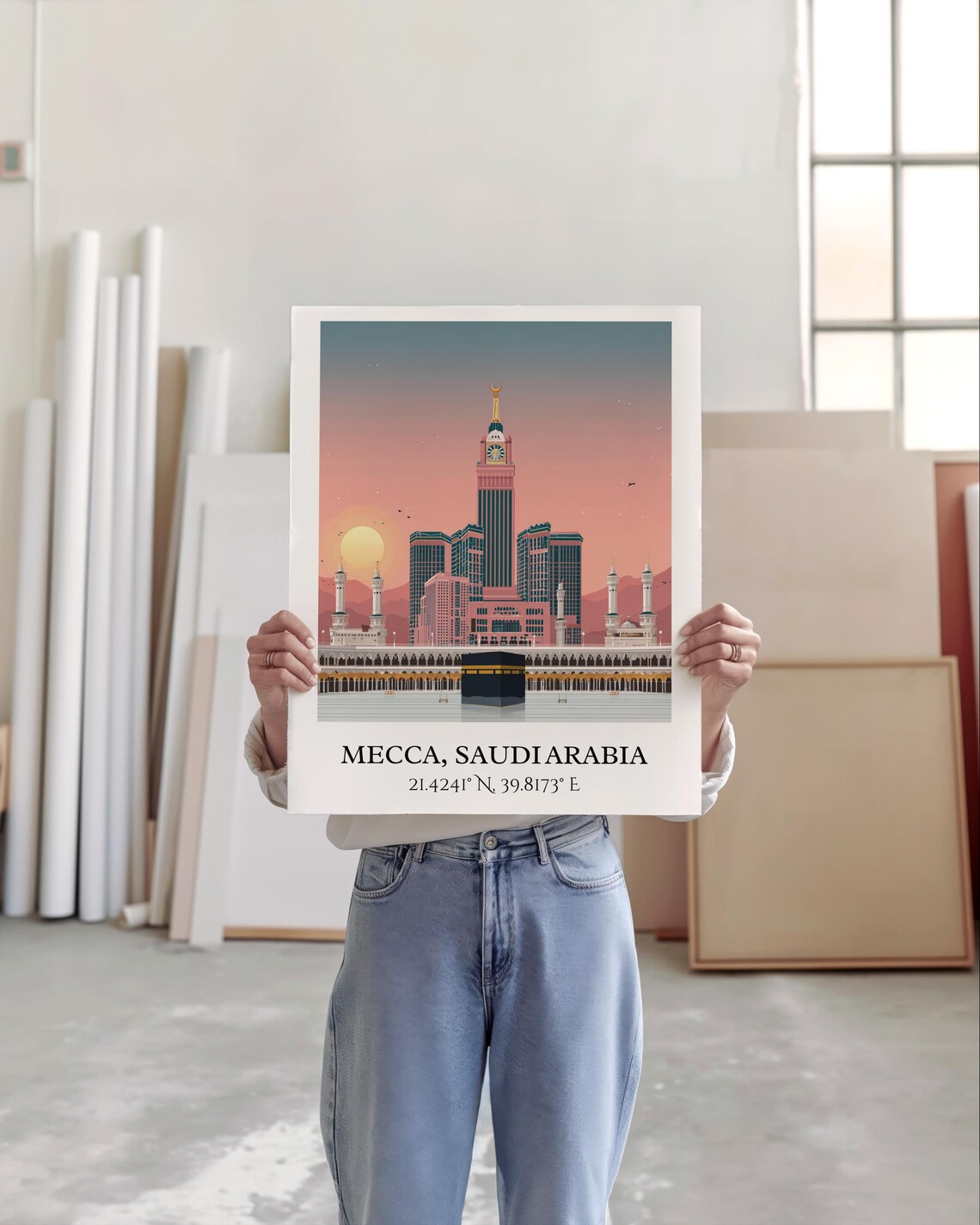Mecca Saudi Arabia Kaaba Clock Tower Sunset Retro Travel Art Poster - Image 3