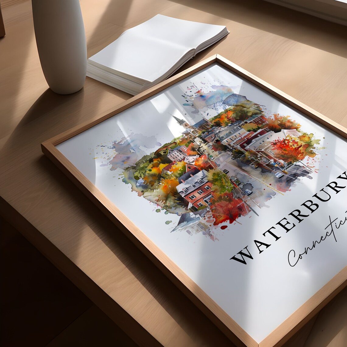 Waterbury Connecticut Watercolor Town Church Autumn Trees Poster - Image 5