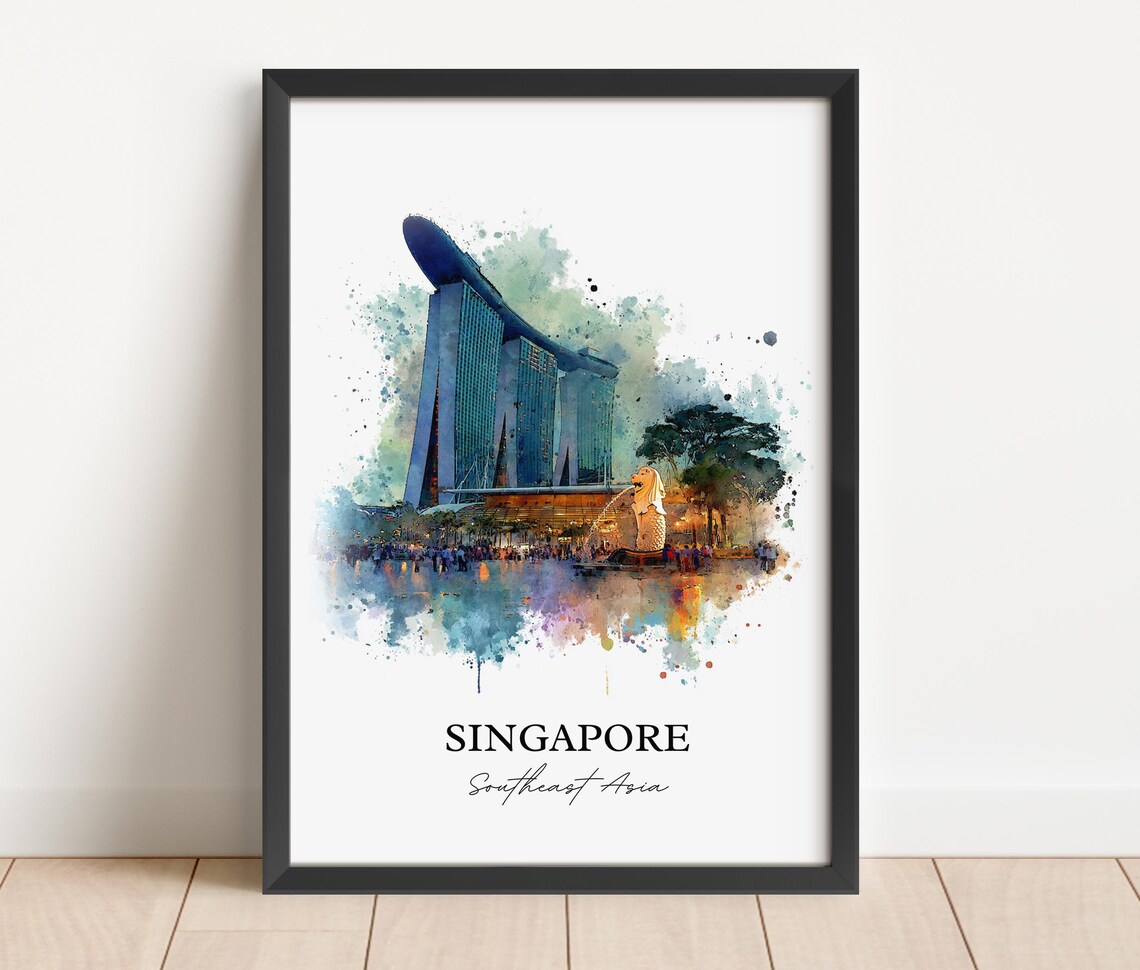 Singapore Watercolor Art Iconic Marina Bay Merlion Skyline Poster - Image 2