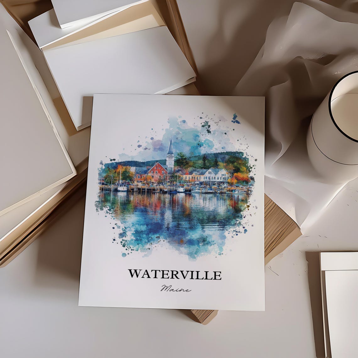 Waterville Maine Harbor Reflection Watercolor Travel Gift Poster - Image 2
