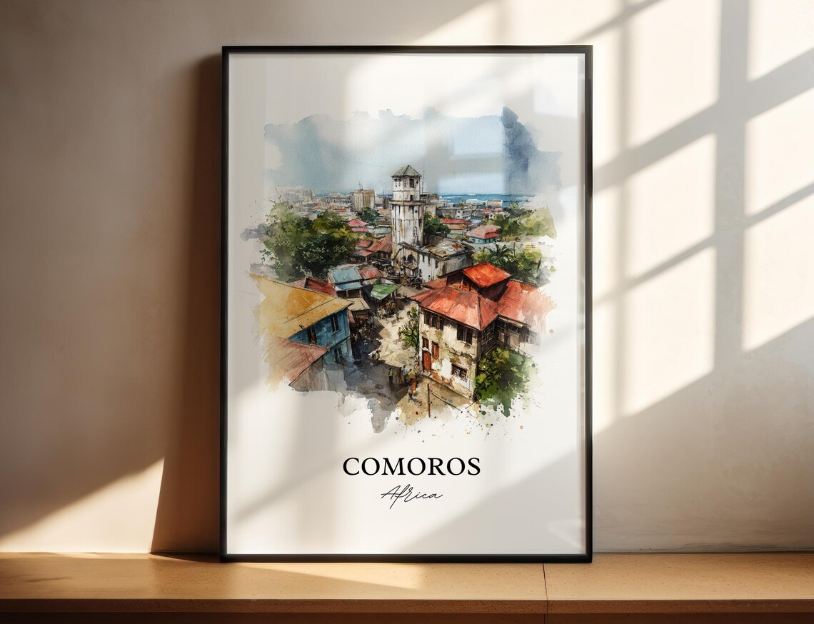 Comoros Africa Old Island Town Red Roofs Watercolor Travel Poster