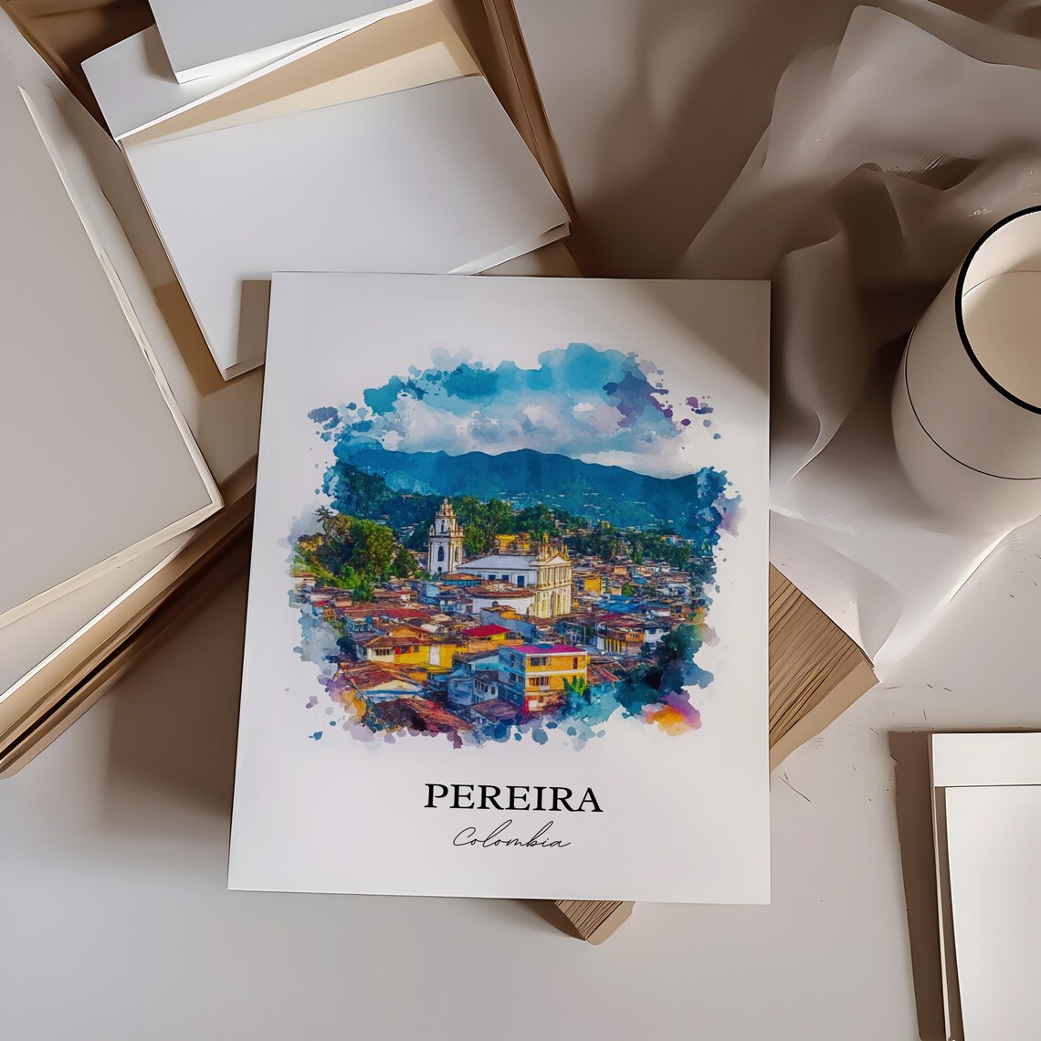 Pereira Colombia Hillside Town Church Watercolor Travel Art Poster - Image 3