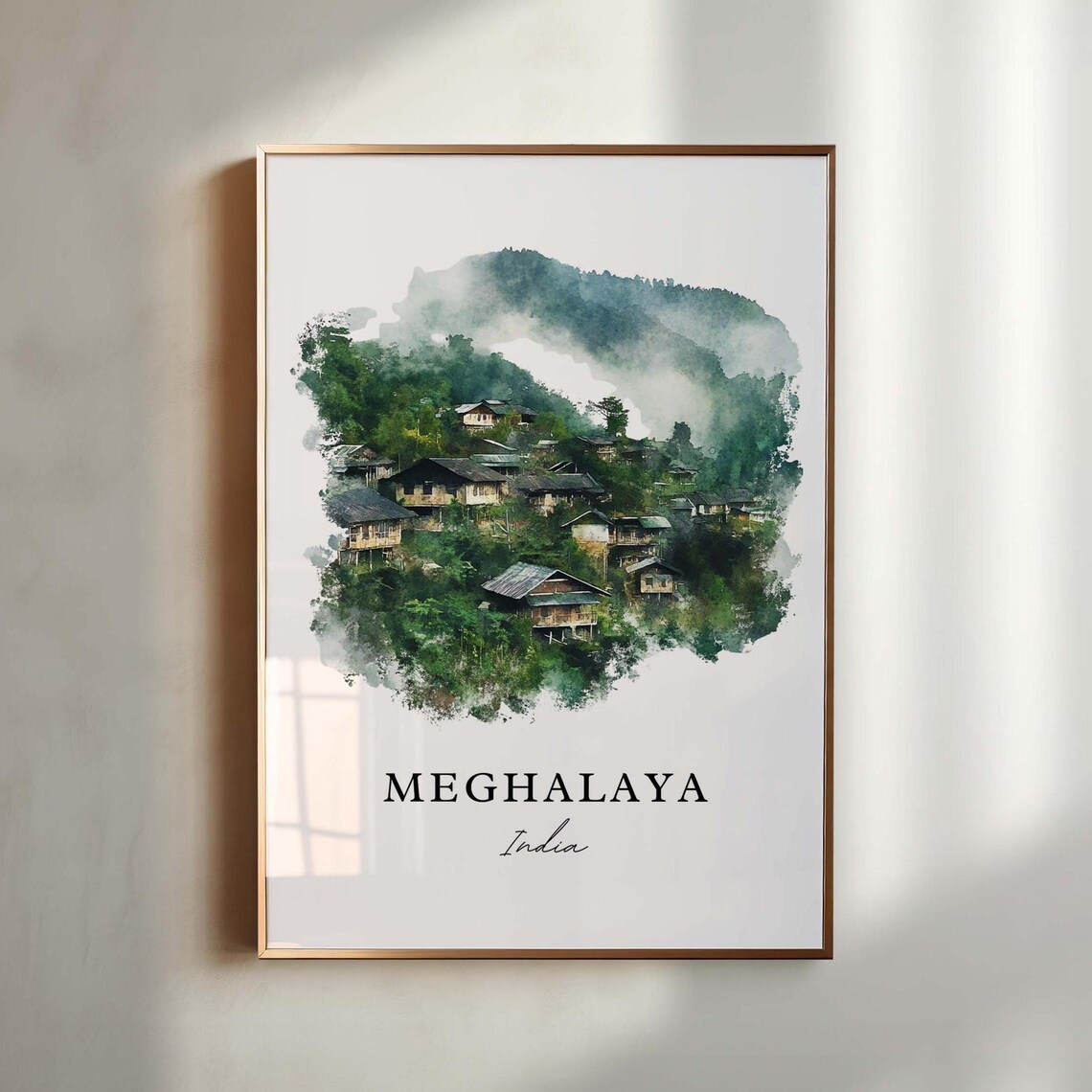 Meghalaya India Misty Mountain Village Green Hills Watercolor Poster