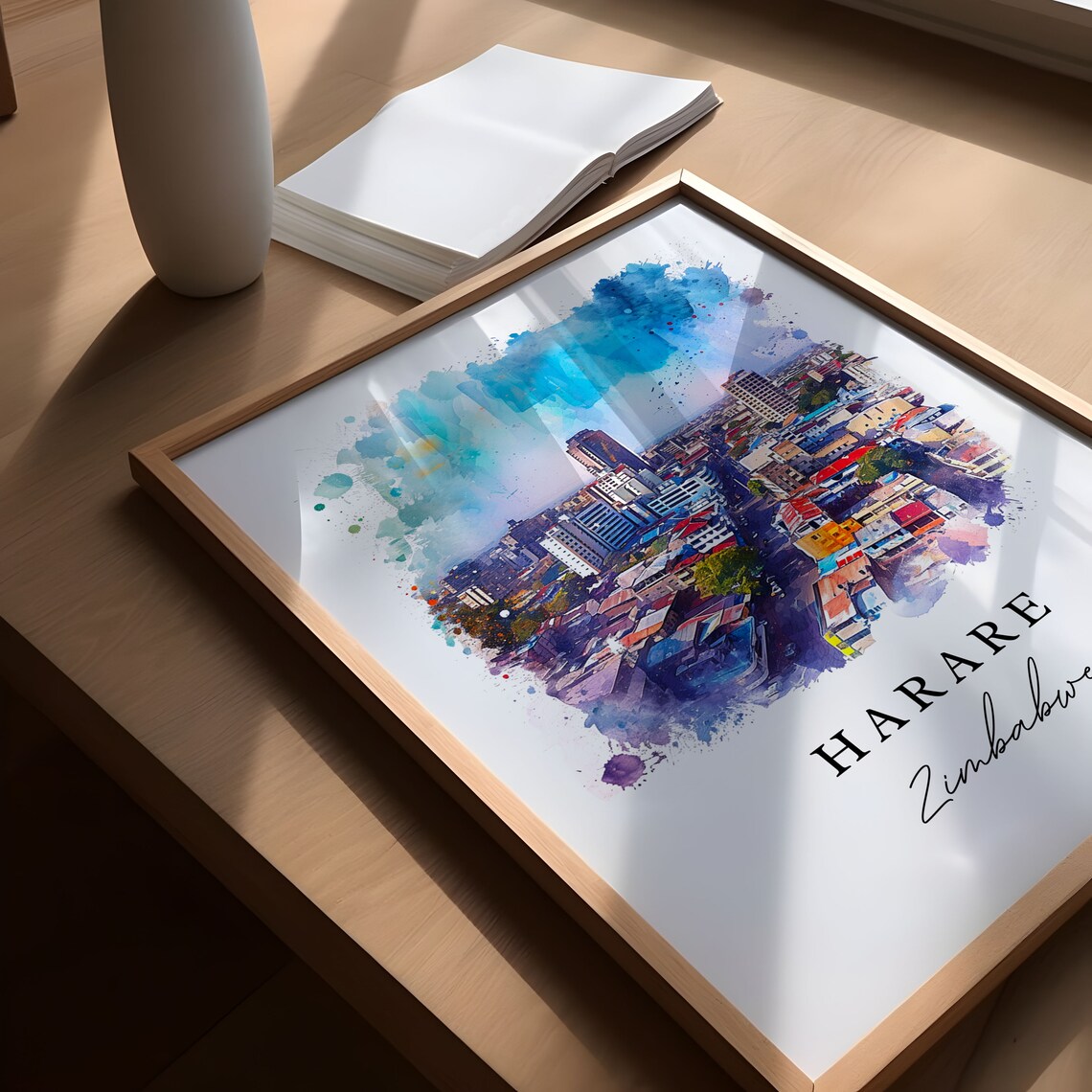 Harare Zimbabwe Watercolor City Skyline Modern Travel Poster - Image 6