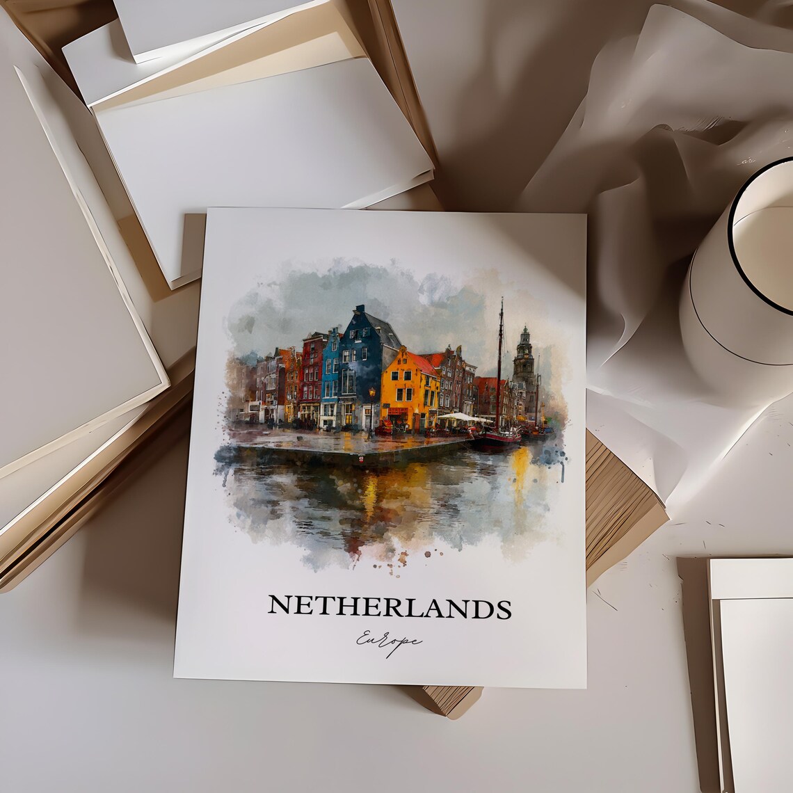 Netherlands Canal Houses Colorful Waterfront Watercolor Europe Poster - Image 2