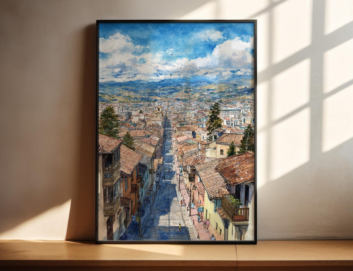 Cuenca Ecuador Panoramic Watercolor City Travel Print Andes Artwork