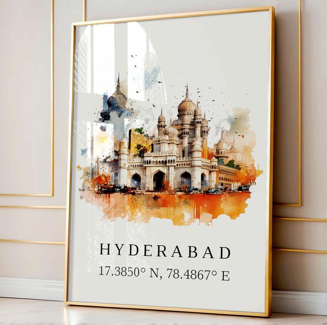 Hyderabad India Watercolor Domed Monument Coordinates Poster