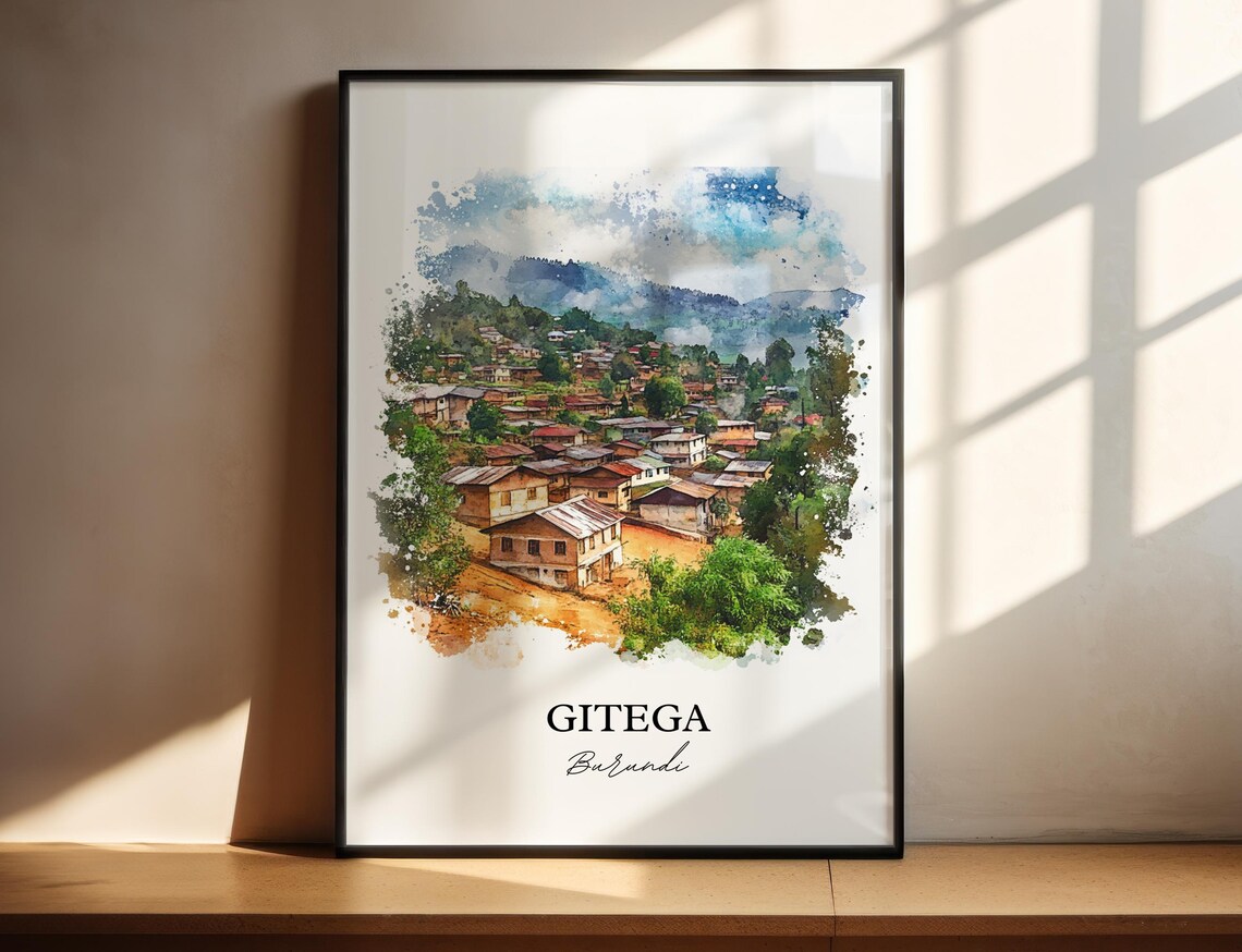 Gitega Burundi African Watercolor Hillside Village Art Poster