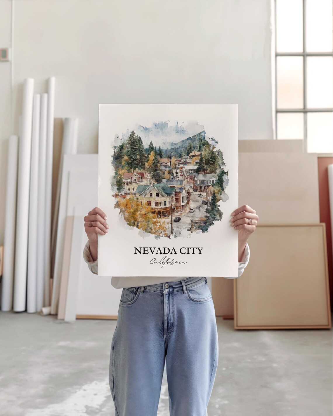 Nevada City California Historic Hillside Town Watercolor Gift Poster - Image 2