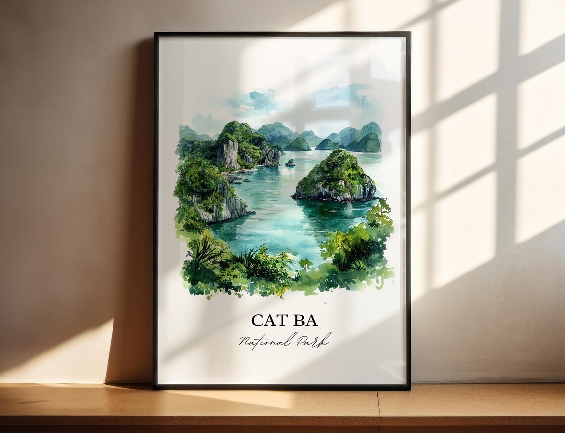 Cat Ba National Park Vietnam Turquoise Bay Watercolor Travel Poster