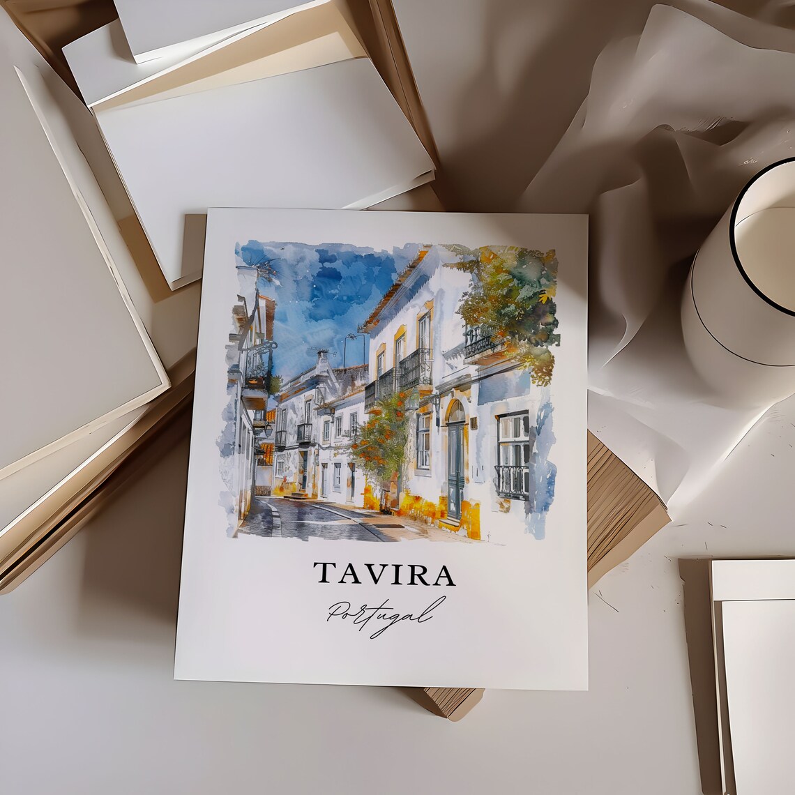 Tavira Portugal Algarve Whitewashed Street Watercolor Poster - Image 6