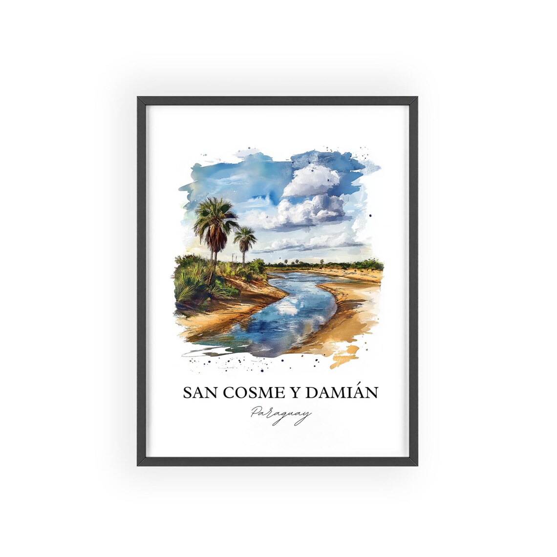San Cosme y Damián Paraguay Watercolor River Palms Scene Poster - Image 2