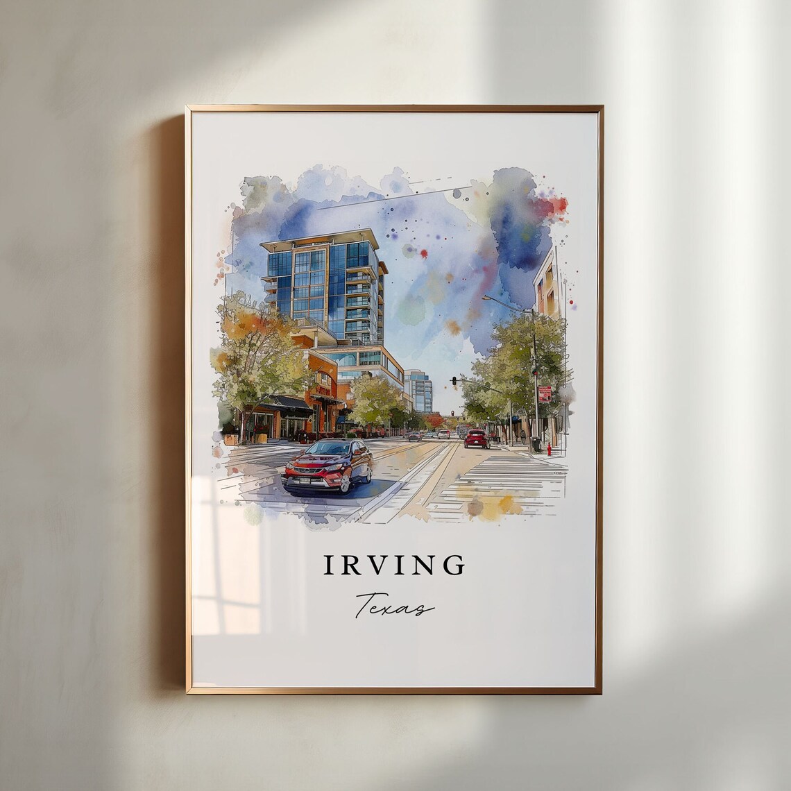 Irving Texas Modern City Street Glass Tower Watercolor Poster