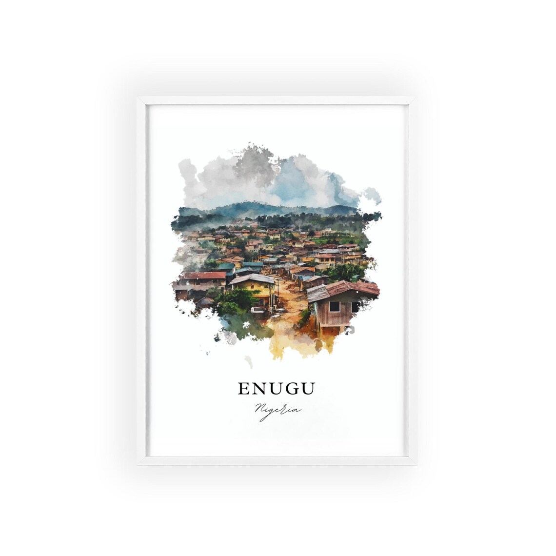 Enugu Nigeria Misty Hillside Town Watercolor Travel Art Poster - Image 3