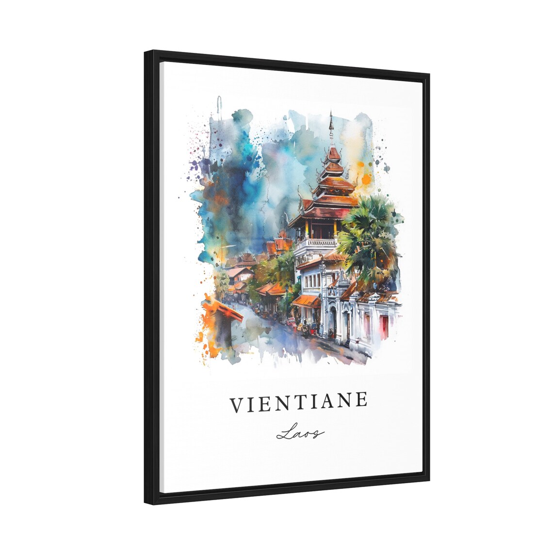 Vientiane Laos Watercolor Temple Street Pagoda Travel Poster - Image 2