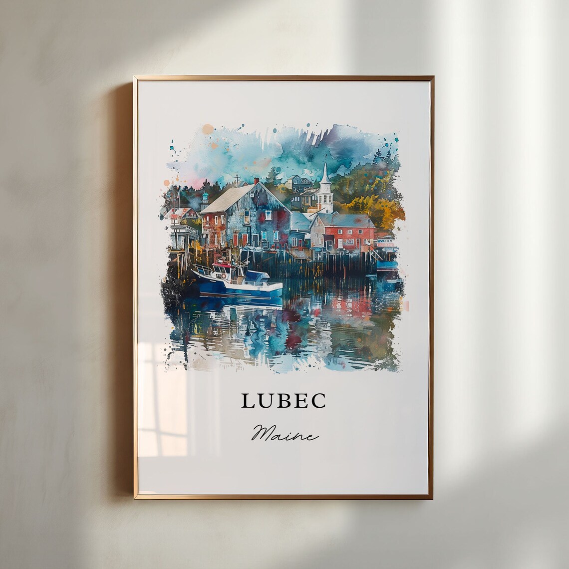 Lubec Maine Watercolor Travel Poster, Washington County