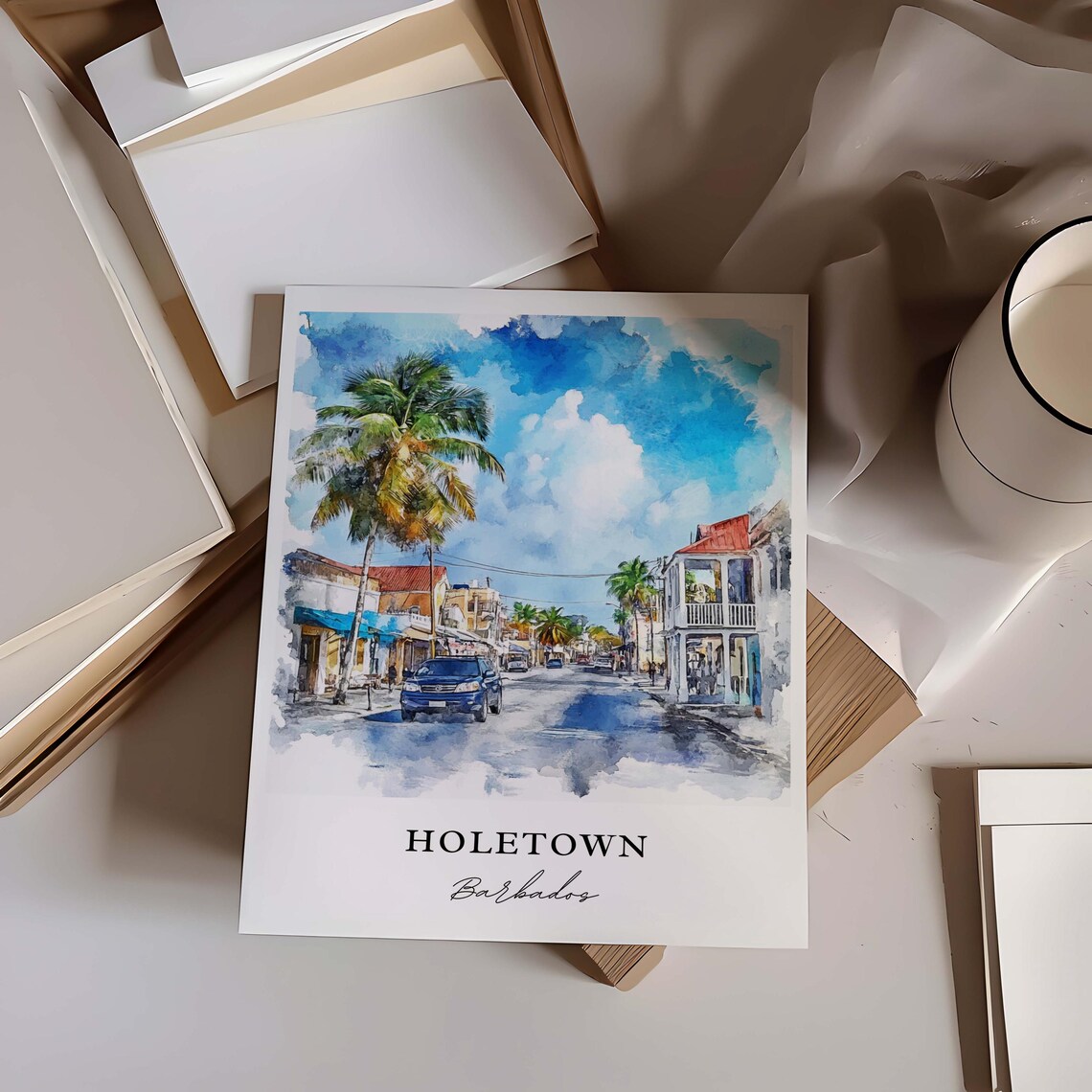 Holetown Barbados Tropical Street Palms Watercolor Beach Poster - Image 6