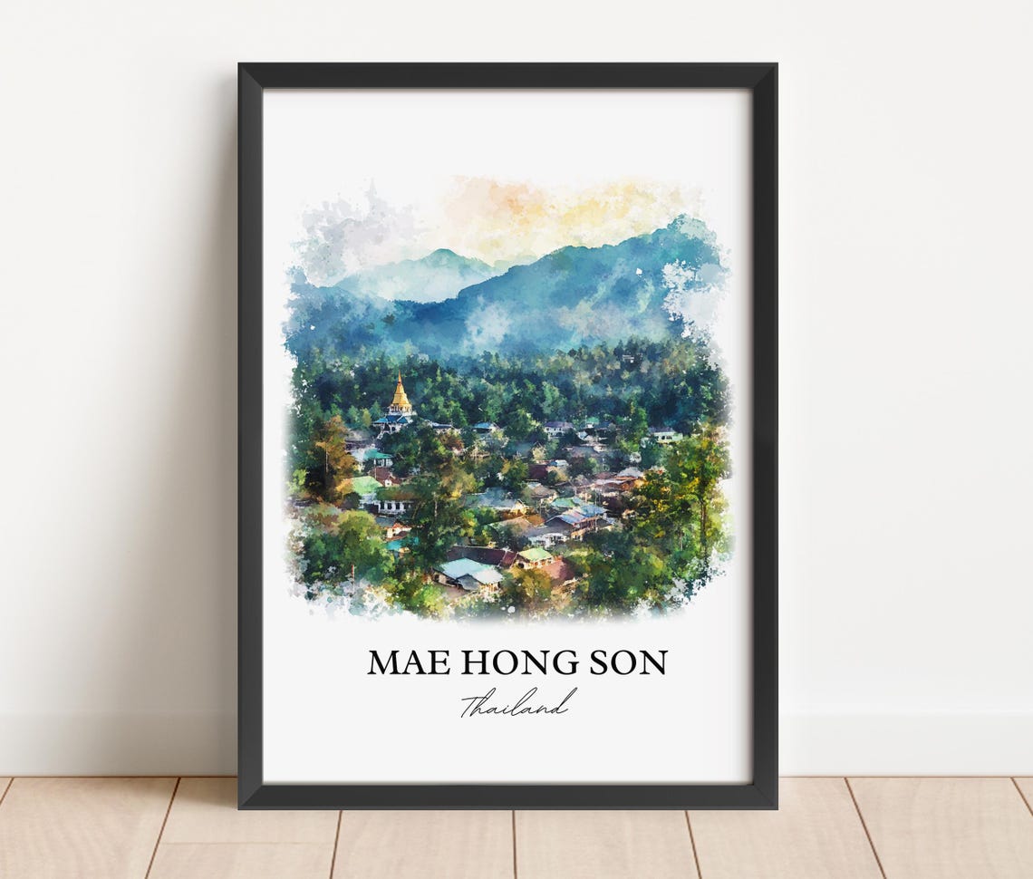 Mae Hong Son Thailand Watercolor Mountain Town Temple Art Poster - Image 3