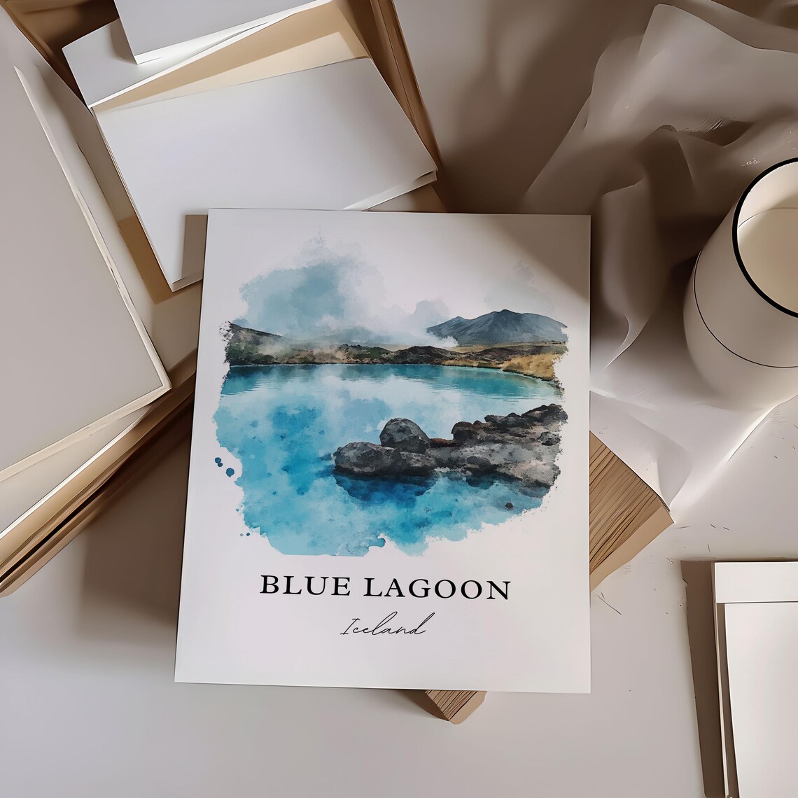 Blue Lagoon Iceland Geothermal Spa Watercolor Landscape Travel Poster - Image 2