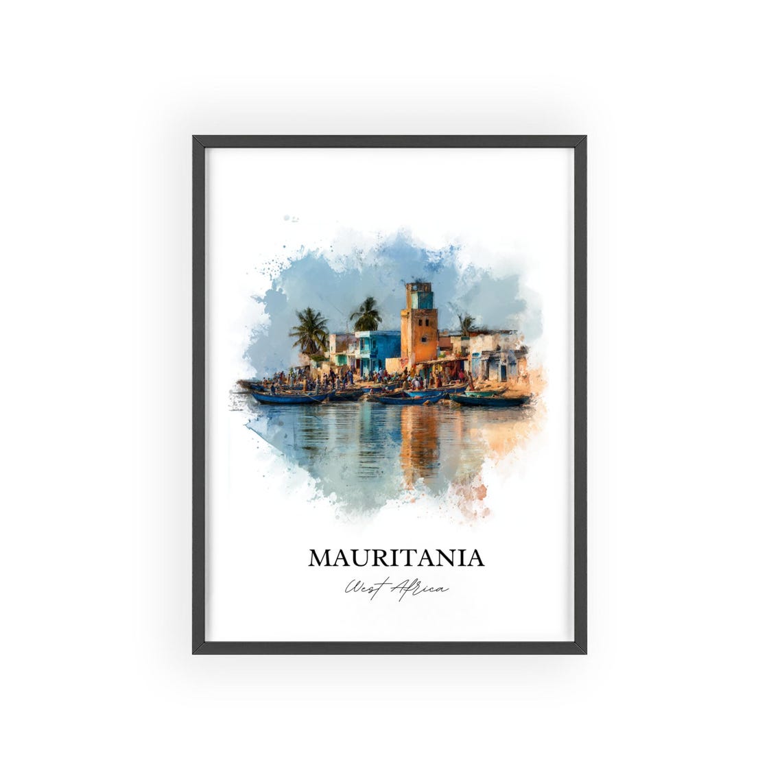 Mauritania West Africa Harbor Boats Waterfront Watercolor Poster - Image 2