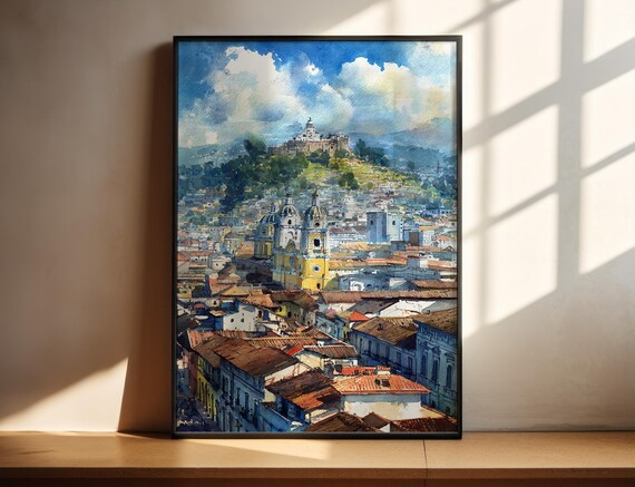 Quito Ecuador Watercolor Cityscape Old Town Churches Travel Art Poster