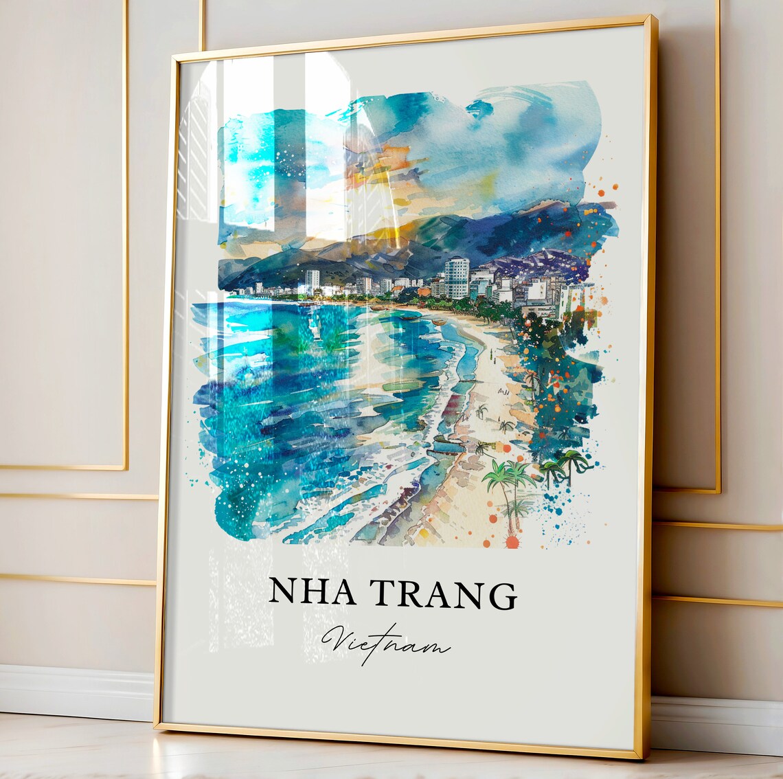 Nha Trang Vietnam Watercolor Turquoise Beach Bay Scene Poster - Image 4