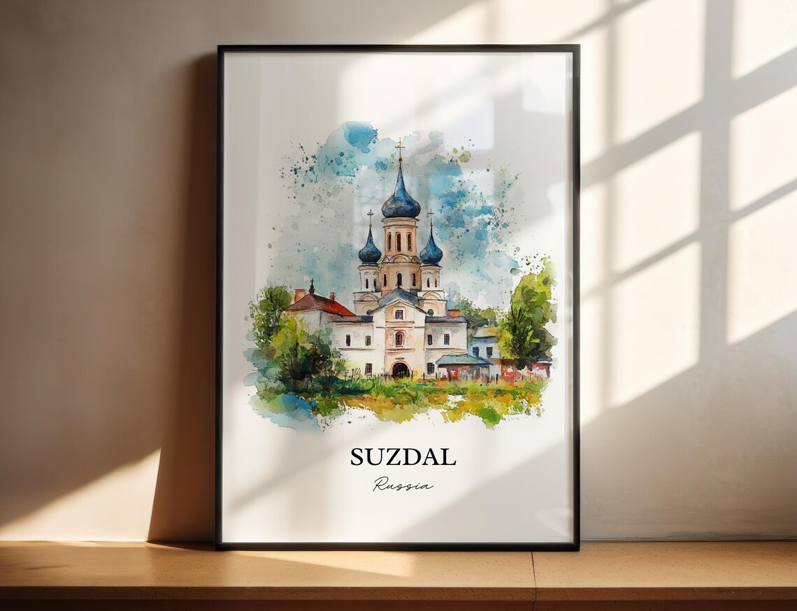Suzdal Russia Watercolor Blue Onion Dome Church Travel Poster