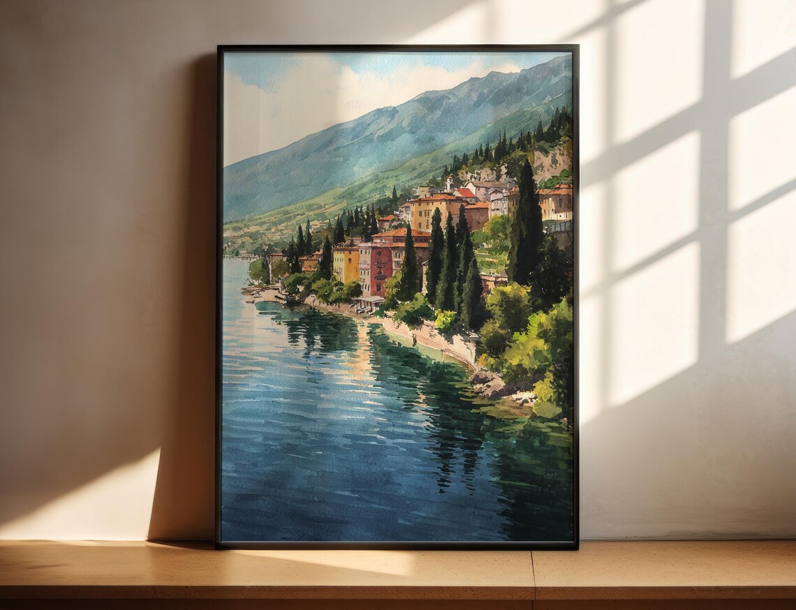 Italian Lakeside Town Cypress Trees Scenic Watercolor Art Poster