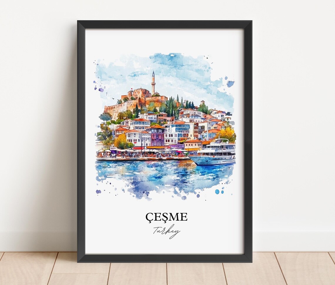 Cesme Turkey Watercolor Old Harbor Castle Coastal Travel Poster - Image 3