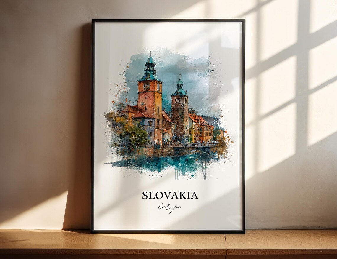 Slovakia Europe Twin Tower Old Town Watercolor Travel Poster