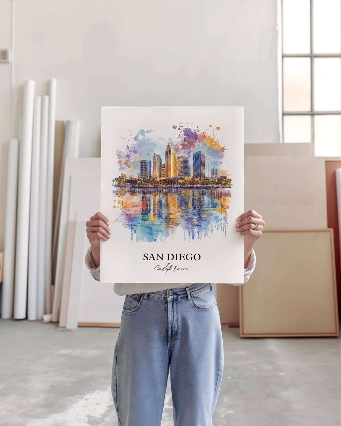 San Diego California Skyline Palm Trees Watercolor Travel Poster - Image 5
