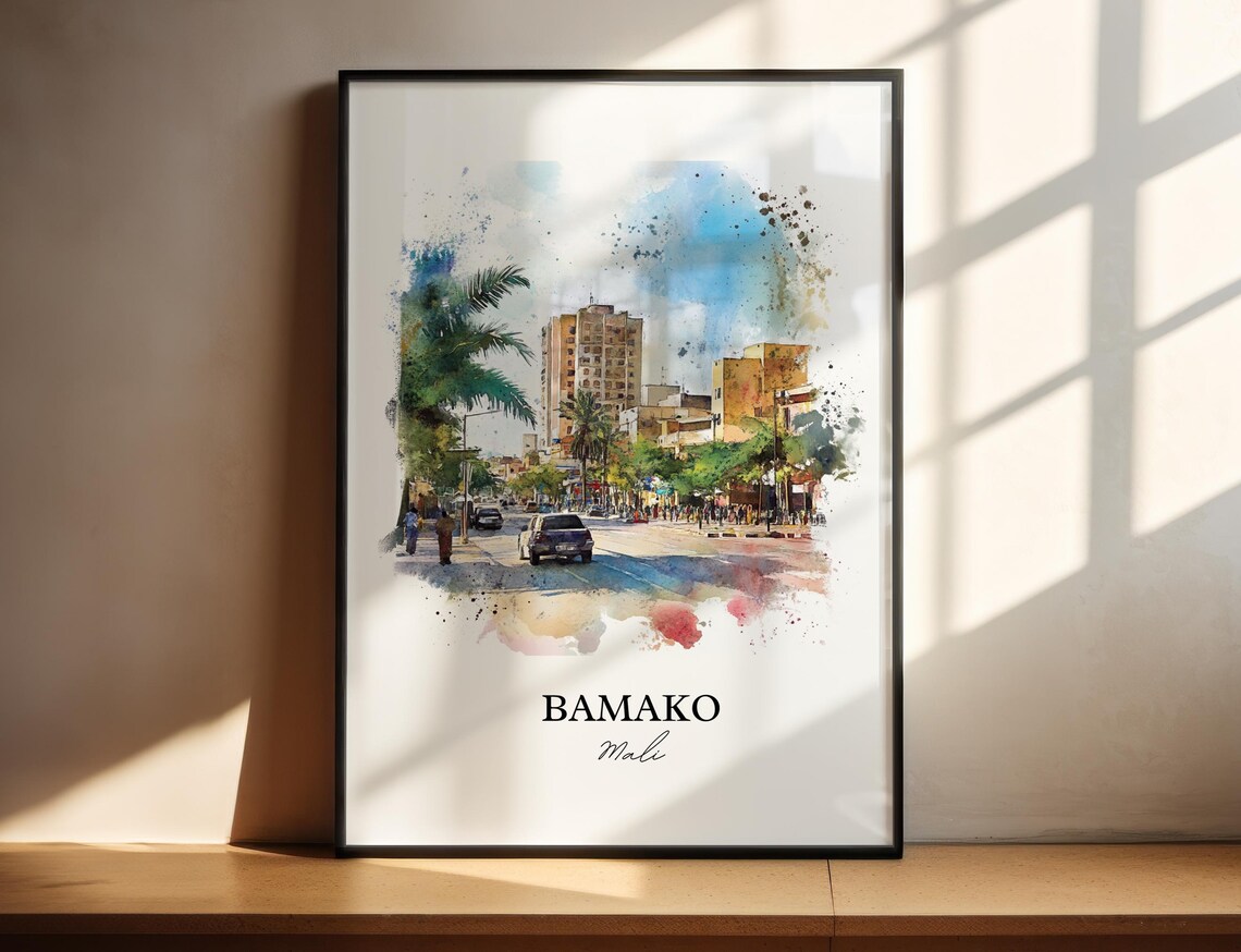 Bamako Mali Street Scene Watercolor City Modern Travel Poster