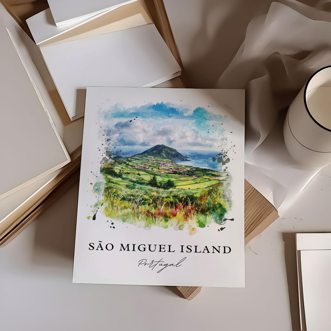 Sao Miguel Island Portugal Watercolor Green Hills Coast Poster - Image 6