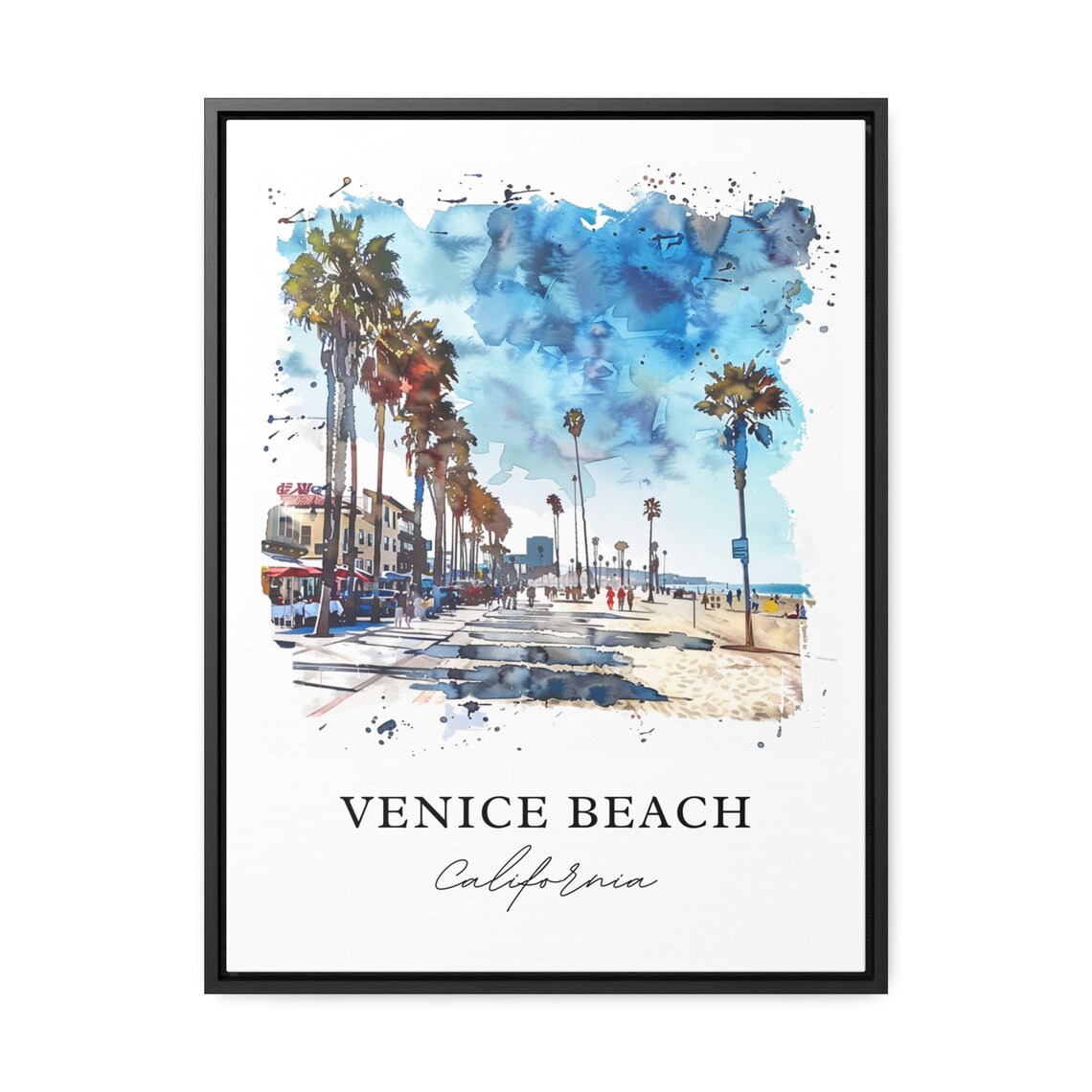 Venice Beach California Watercolor Boardwalk Palm Trees Scene Poster - Image 3