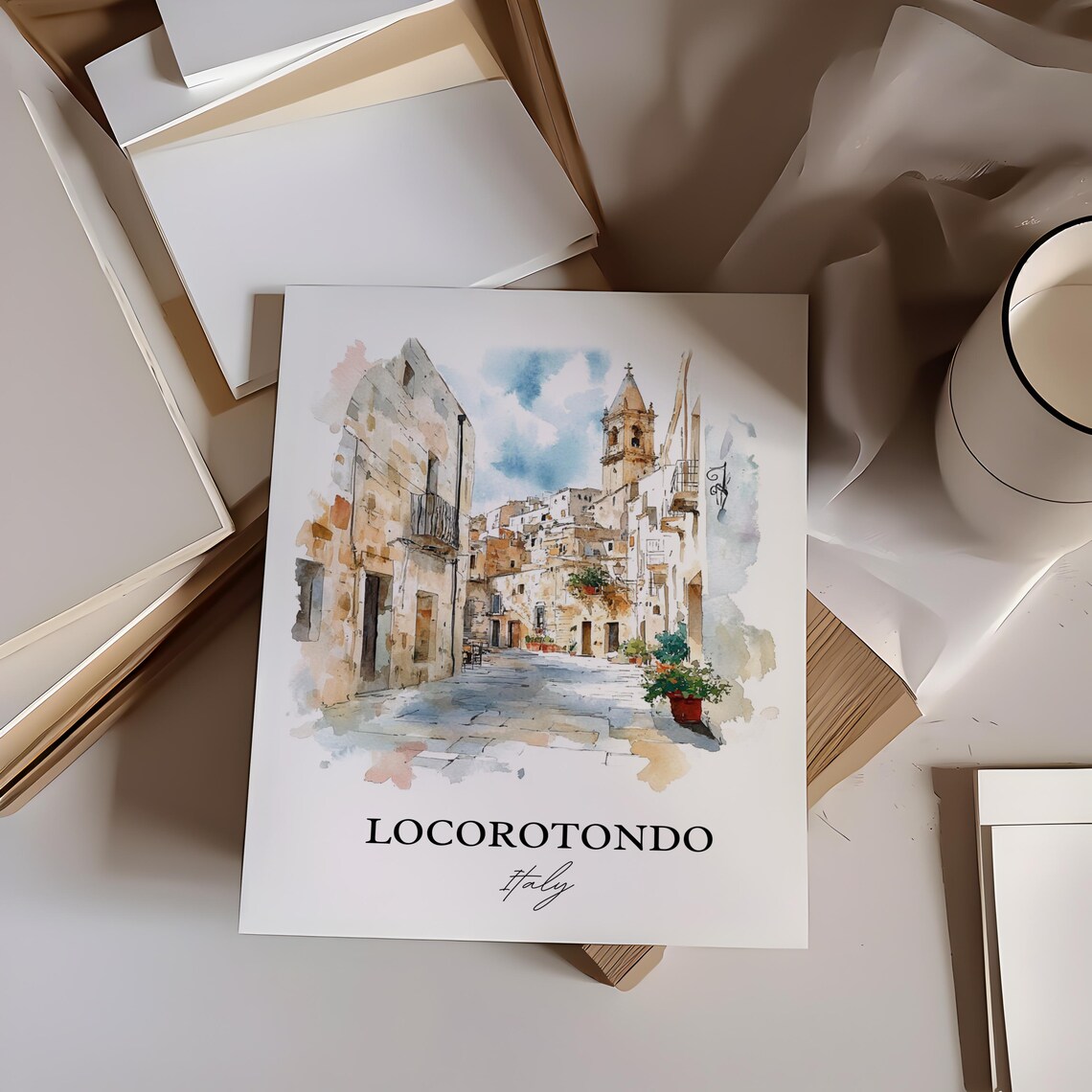Locorotondo Italy Puglia White Village Watercolor Travel Poster - Image 2