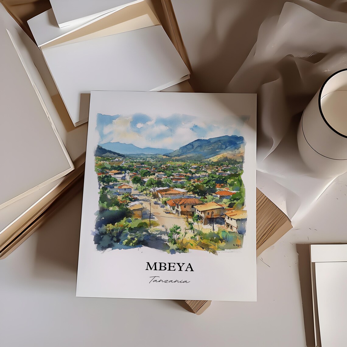Mbeya Tanzania Lush Mountain Valley Town Watercolor Art Poster - Image 3