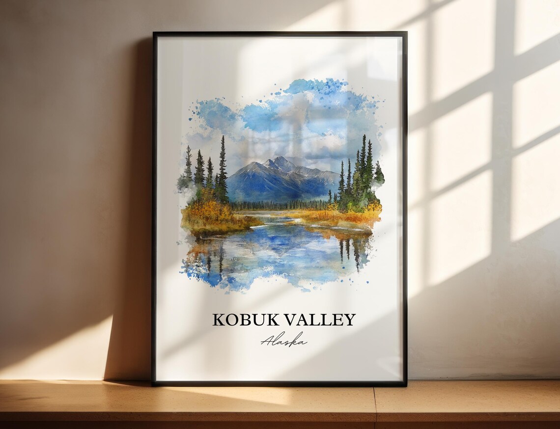 Kobuk Valley Alaska Mountain River Valley Watercolor Travel Poster
