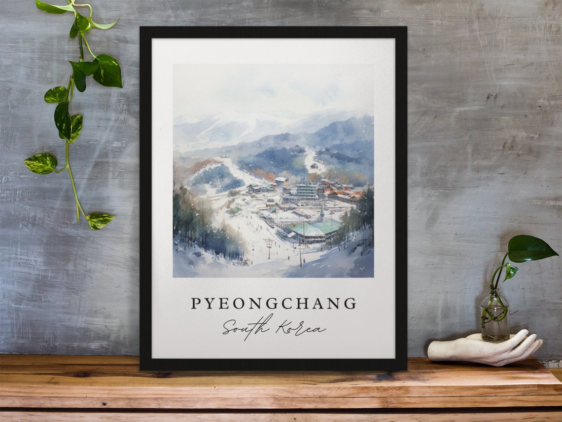 Pyeongchang South Korea Watercolor Ski Resort Mountain Poster