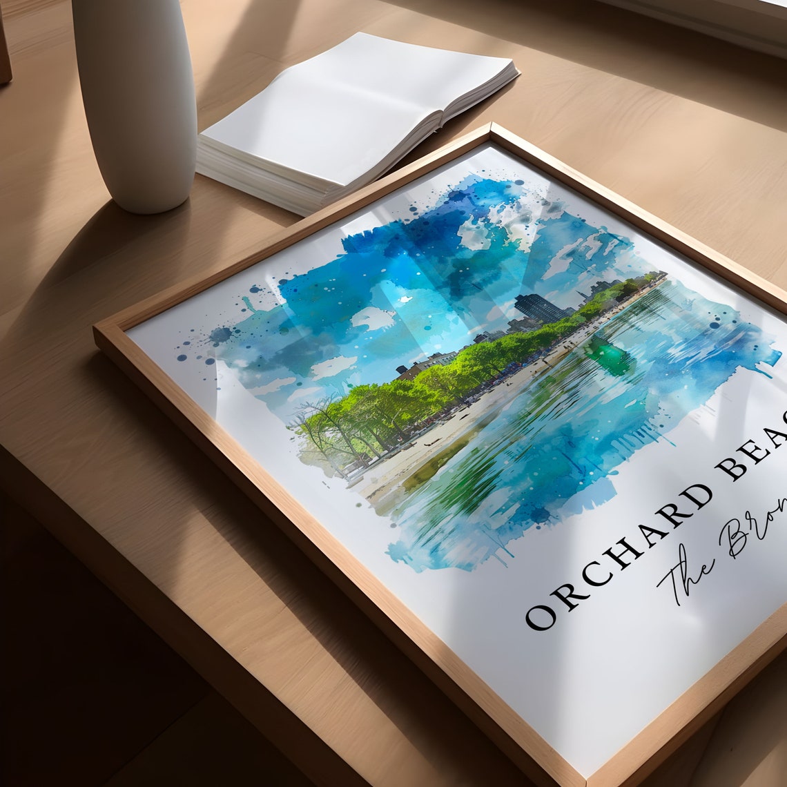 Orchard Beach The Bronx Waterfront Skyline Watercolor Poster - Image 5