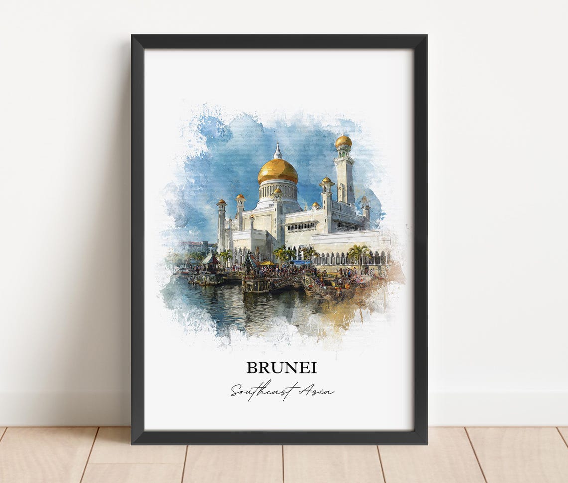 Brunei Southeast Asia Golden Dome Mosque Waterfront Watercolor Poster - Image 2