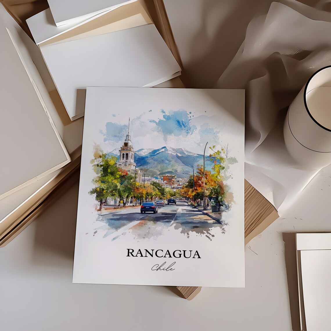 Rancagua Chile Watercolor Church Tower Street Mountain View Poster - Image 6