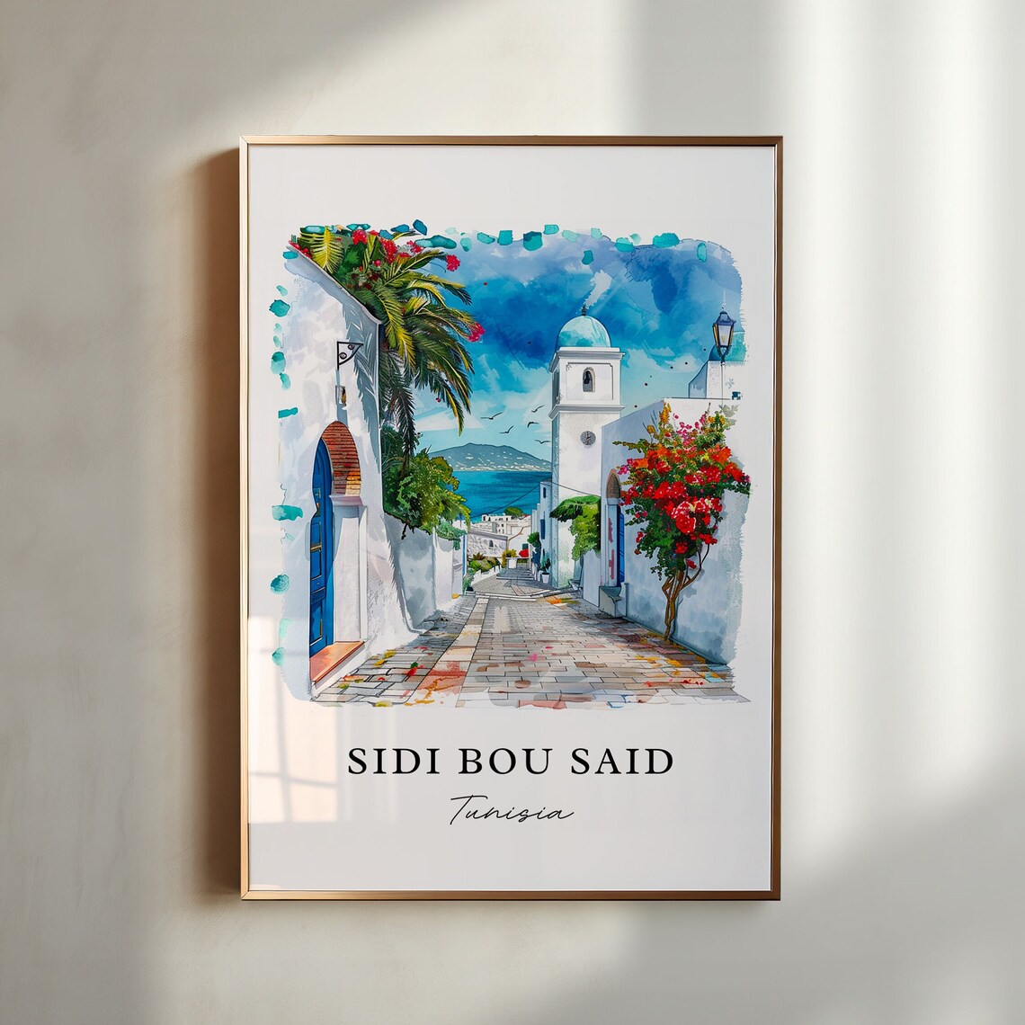 Sidi Bou Said Tunisia Watercolor Blue White Village Street Print