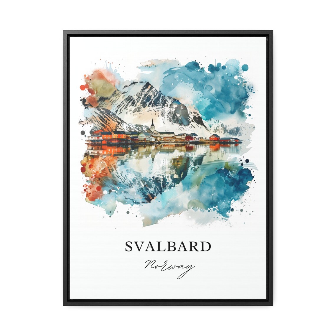 Svalbard Norway Watercolor Arctic Village Snowy Mountain Peak Poster - Image 3