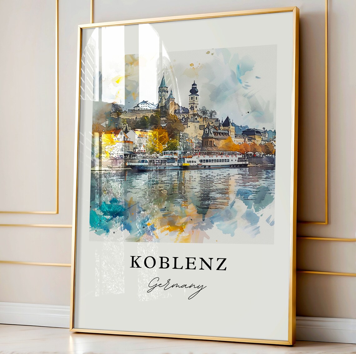 Koblenz Germany Rhine Riverfront Castle Watercolor Travel Poster - Image 3