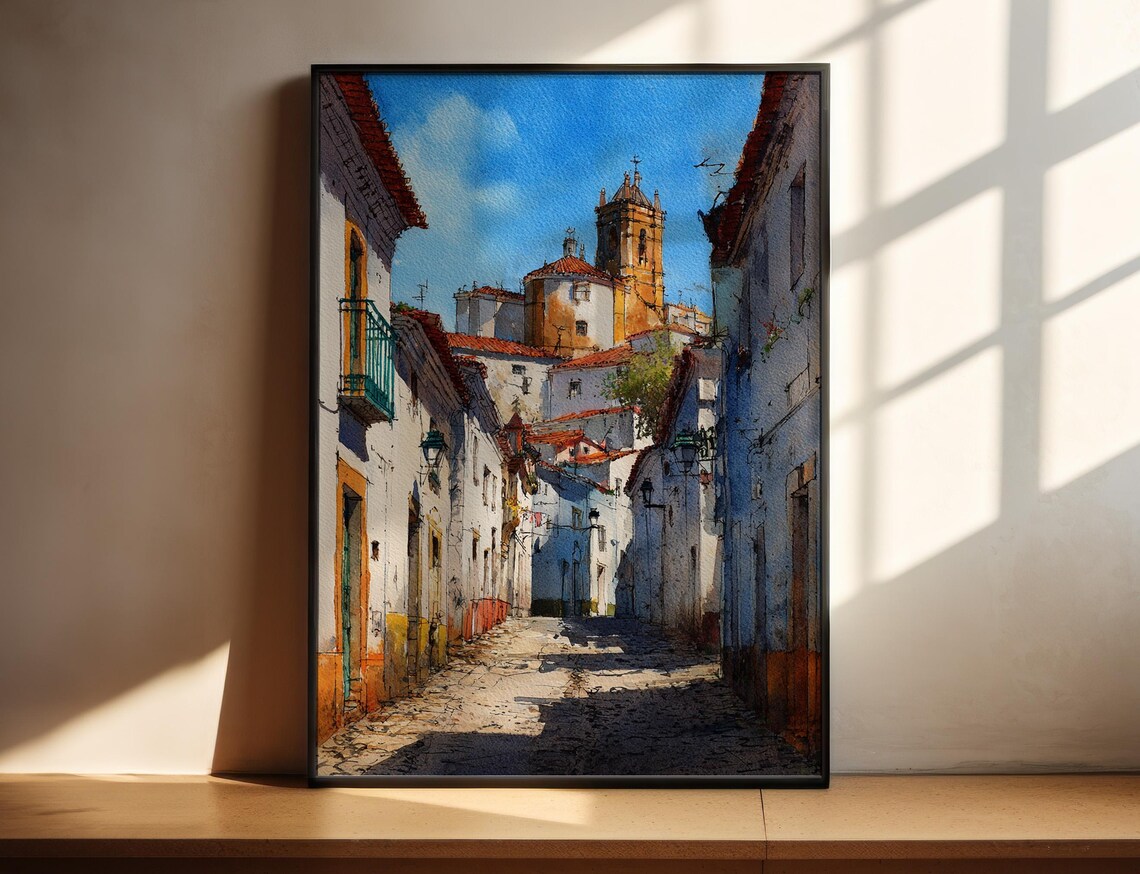 White Spanish Old Town Street Bright Sunlit Watercolor Art Poster