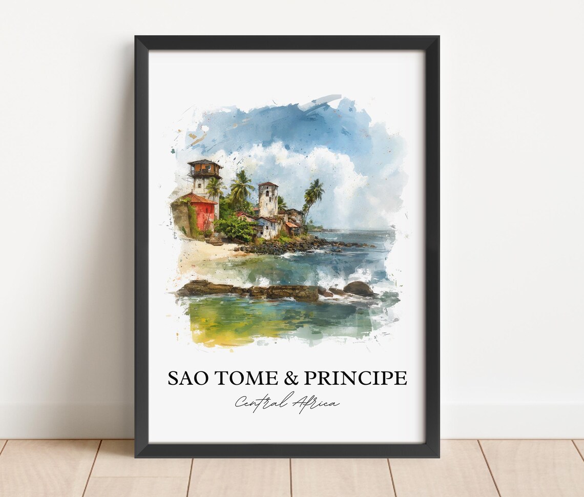 Sao Tome and Principe Central Africa Coastline Watercolor Poster - Image 4