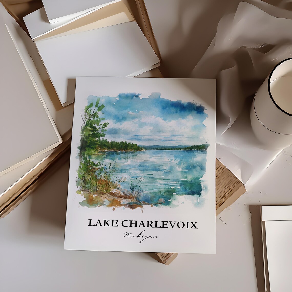 Lake Charlevoix Michigan Tranquil Lakeshore Watercolor Poster - Image 2