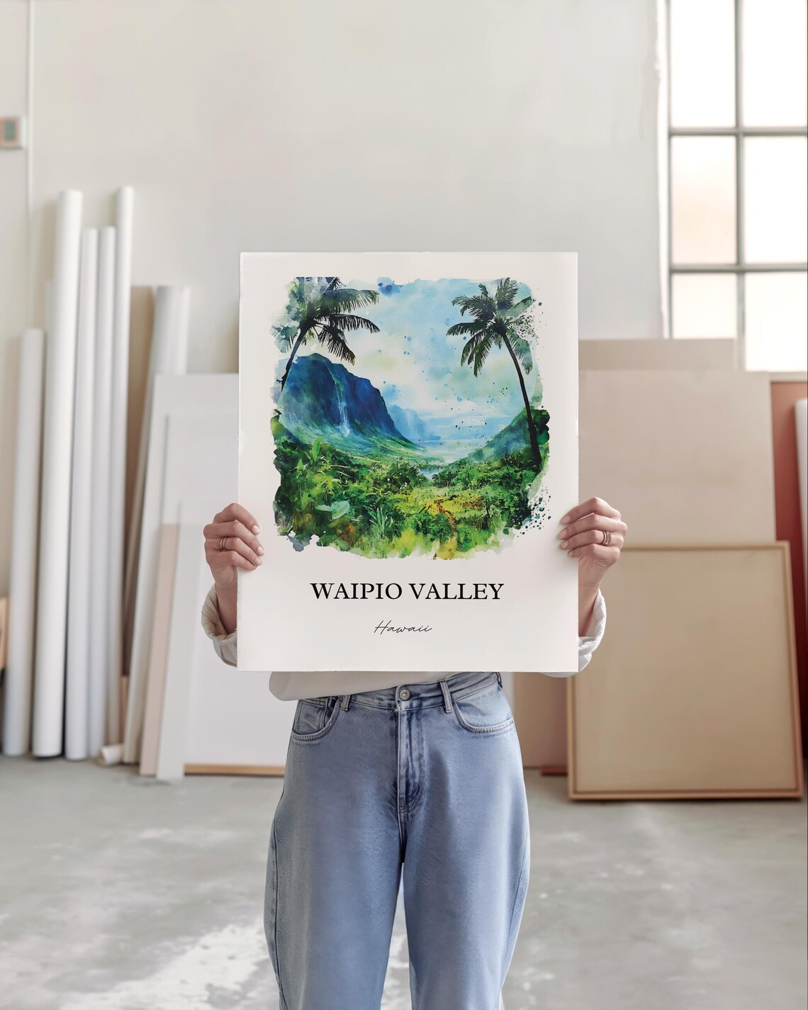Waipio Valley Hawaii Palm Framed Lush Cliffs Watercolor Travel Poster - Image 3