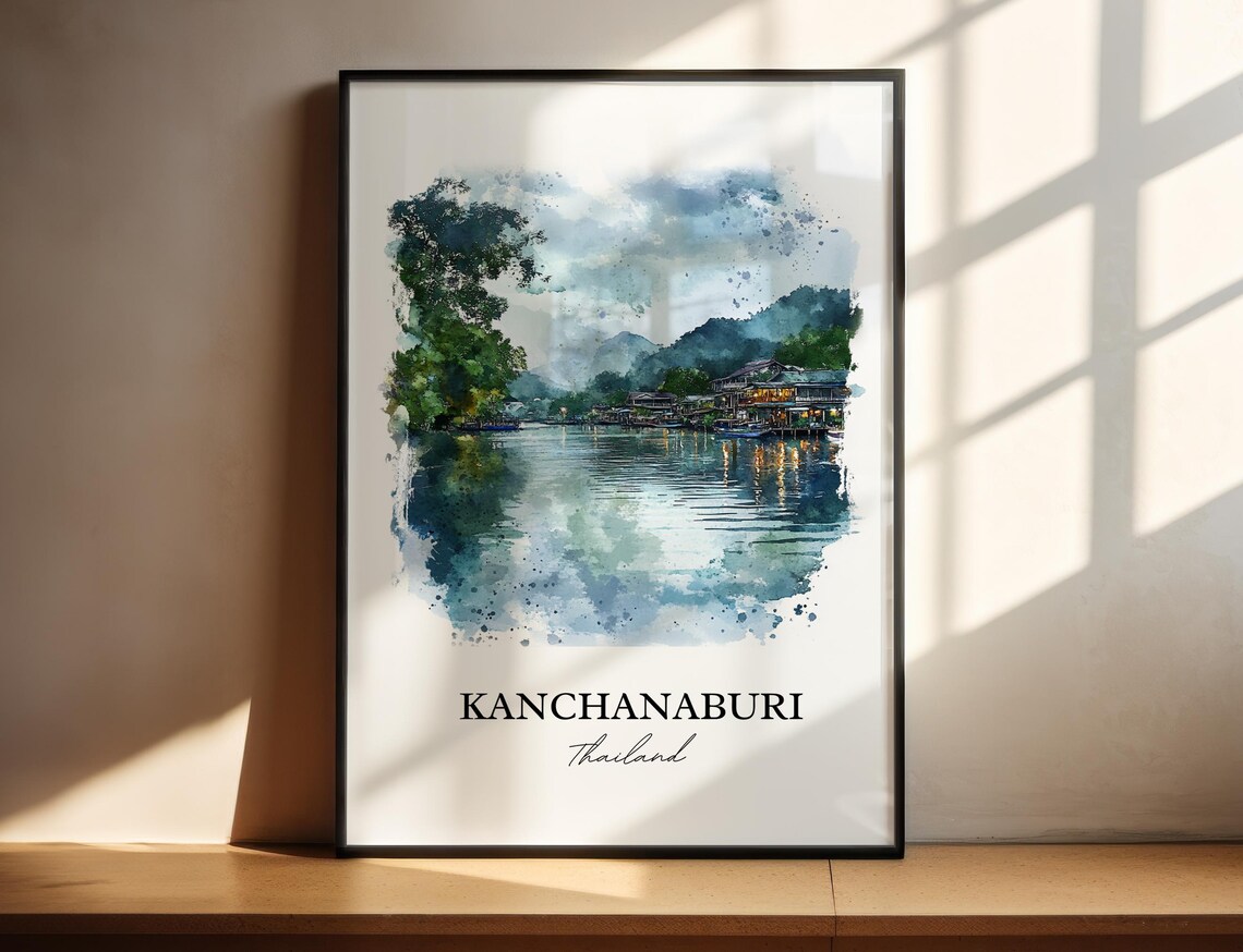 Kanchanaburi Thailand Watercolor River Houses Jungle Art Poster